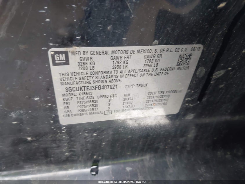 2015 CHEVROLET SILVERADO 1500 VIN: 3GCUKTEJ3FG487021