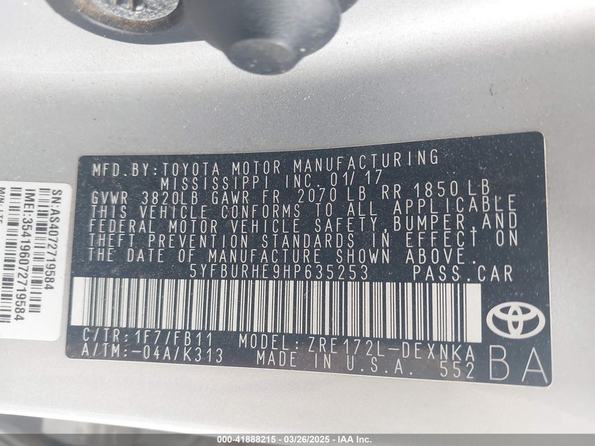 2017 TOYOTA COROLLA VIN: 5YFBURHE9HP635253
