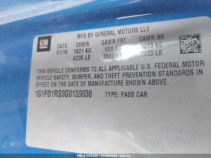 2016 CHEVROLET CAMARO VIN: 1G1FD1RS0G0139038