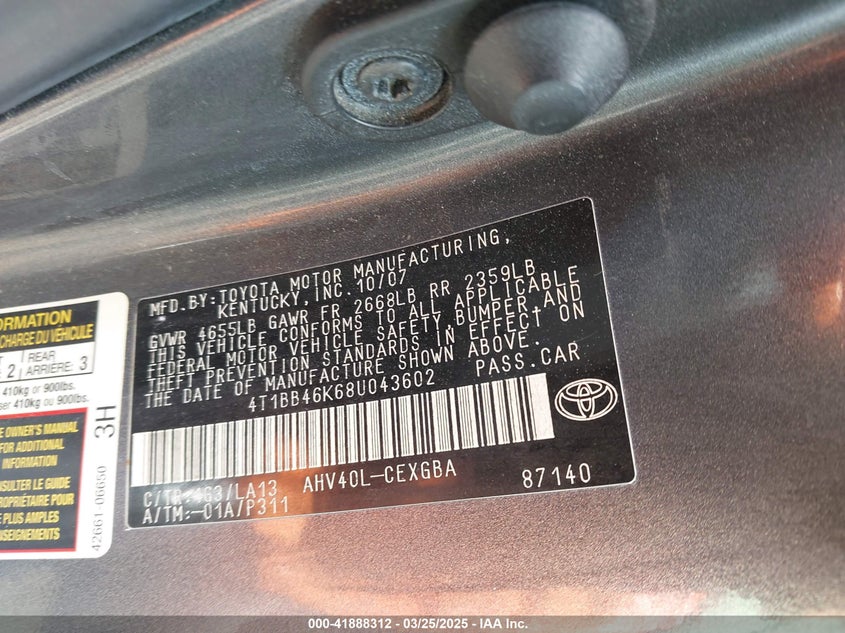 2008 TOYOTA CAMRY HYBRID VIN: 4T1BB46K68U043602