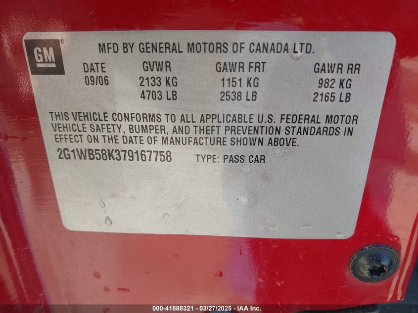 2007 CHEVROLET IMPALA VIN: 2G1WB58K379167758