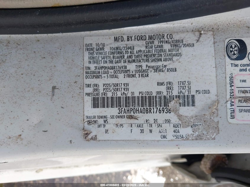 2011 FORD FUSION VIN: 3FAHP0HA0BR176938