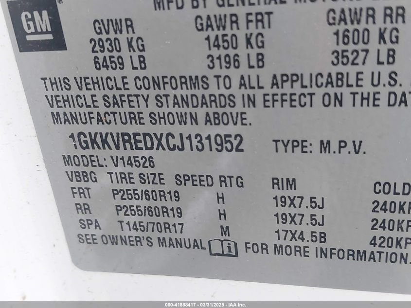 2012 GMC Acadia Slt-1 VIN: 1GKKVREDXCJ131952 Lot: 41888417