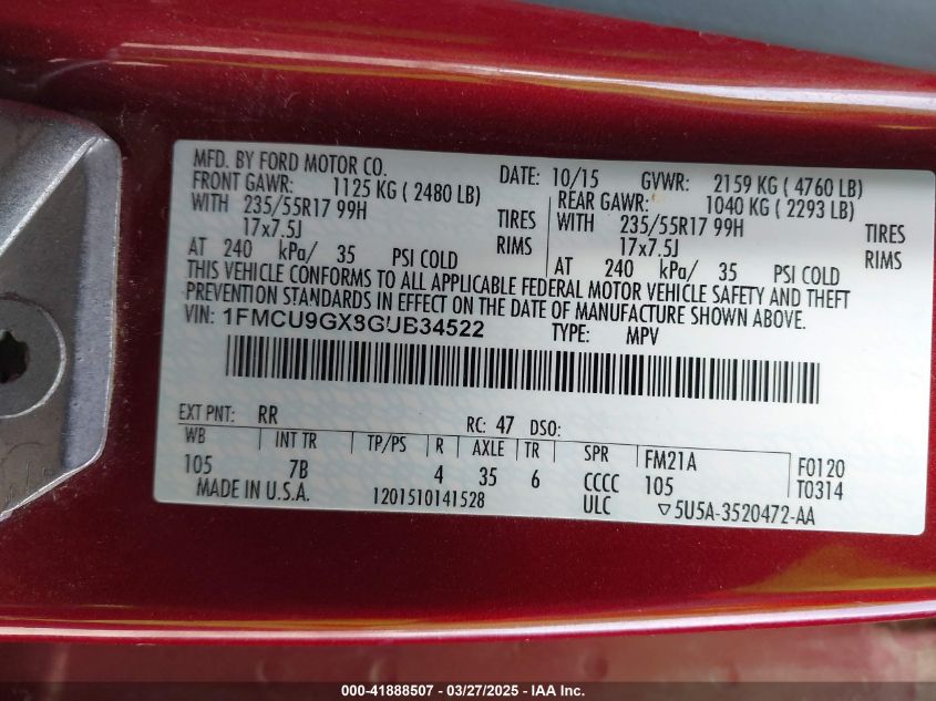 2016 Ford Escape Se VIN: 1FMCU9GX8GUB34522 Lot: 41888507