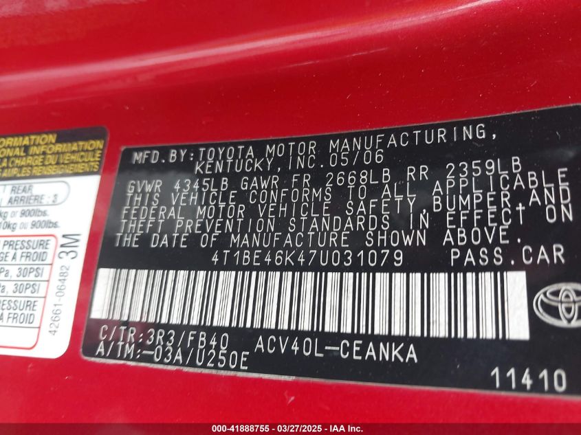 2007 Toyota Camry Le VIN: 4T1BE46K47U031079 Lot: 41888755