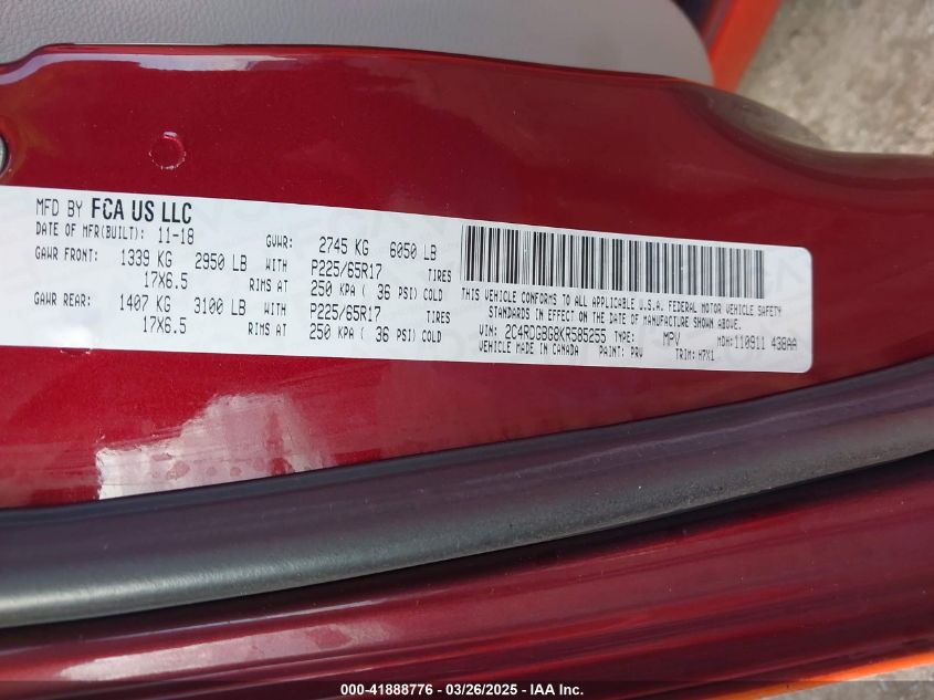 2019 Dodge Grand Caravan Se VIN: 2C4RDGBG8KR585255 Lot: 41888776