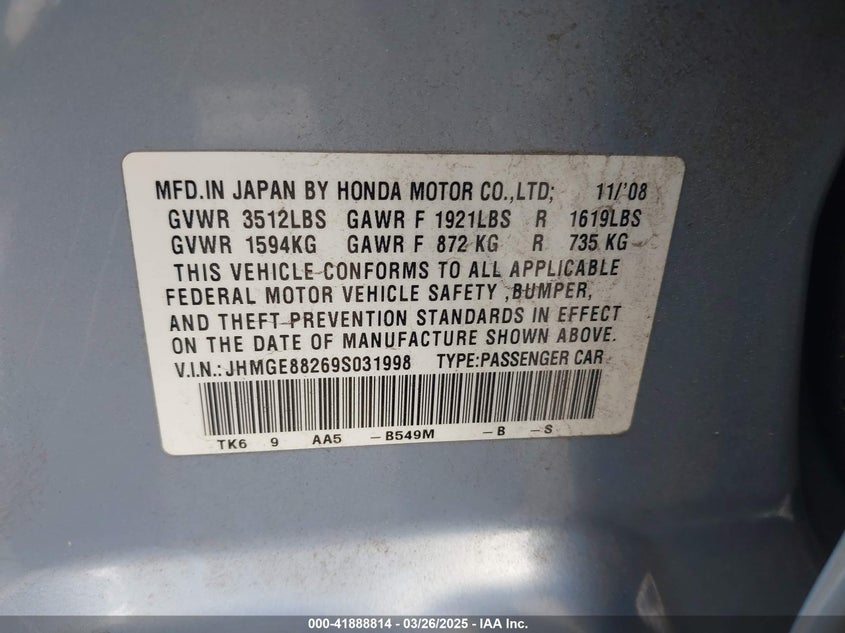 2009 HONDA FIT VIN: JHMGE88269S031998