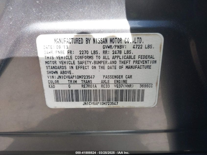 2013 Infiniti G37 VIN: JNICV6AP1DM723547 Lot: 41888824