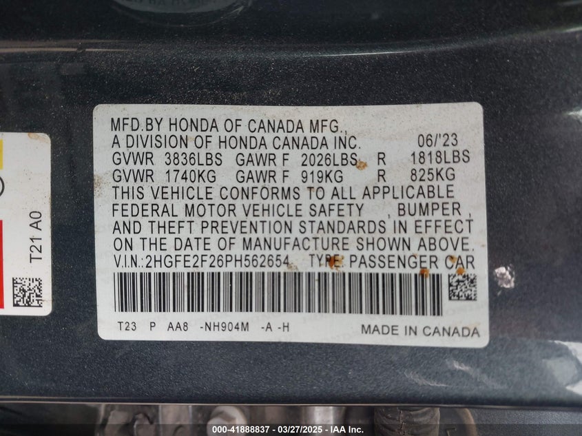 2023 HONDA CIVIC VIN: 2HGFE2F26PH562654