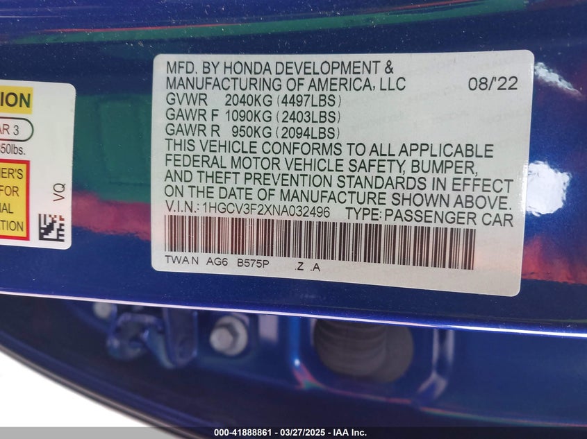 VIN 1HGCV3F2XNA032496 2022 HONDA ACCORD HYBRID SPORT
