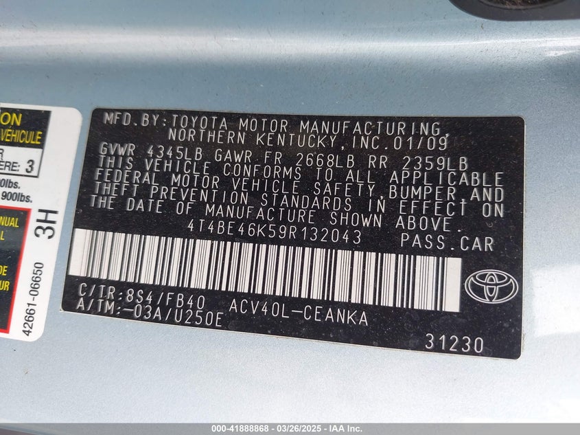 2009 TOYOTA CAMRY VIN: 4T4BE46K59R132043