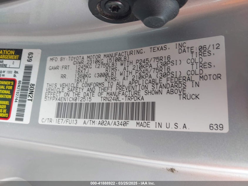 2012 TOYOTA TACOMA VIN: 5TFPX4EN1CX012515