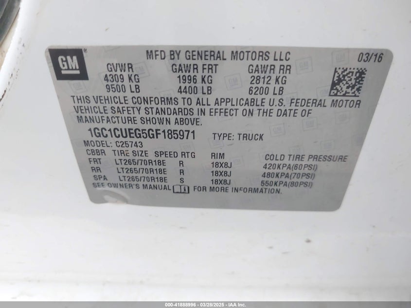 2016 CHEVROLET SILVERADO VIN: 1GC1CUEG5GF185971