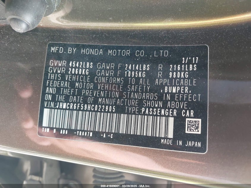 2017 HONDA ACCORD VIN: JHMCR6F59HC022905