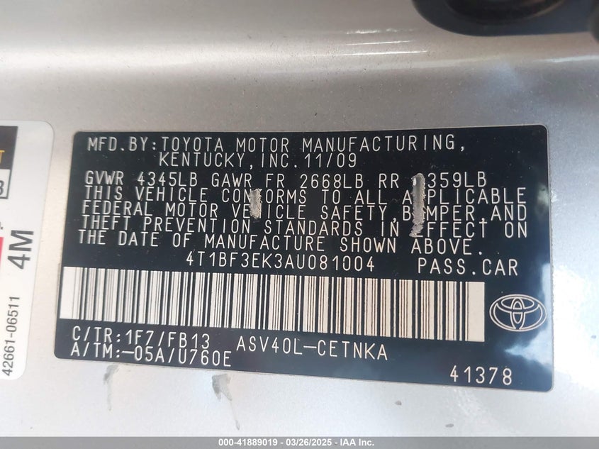 2010 TOYOTA CAMRY VIN: 4T1BF3EK3AU081004
