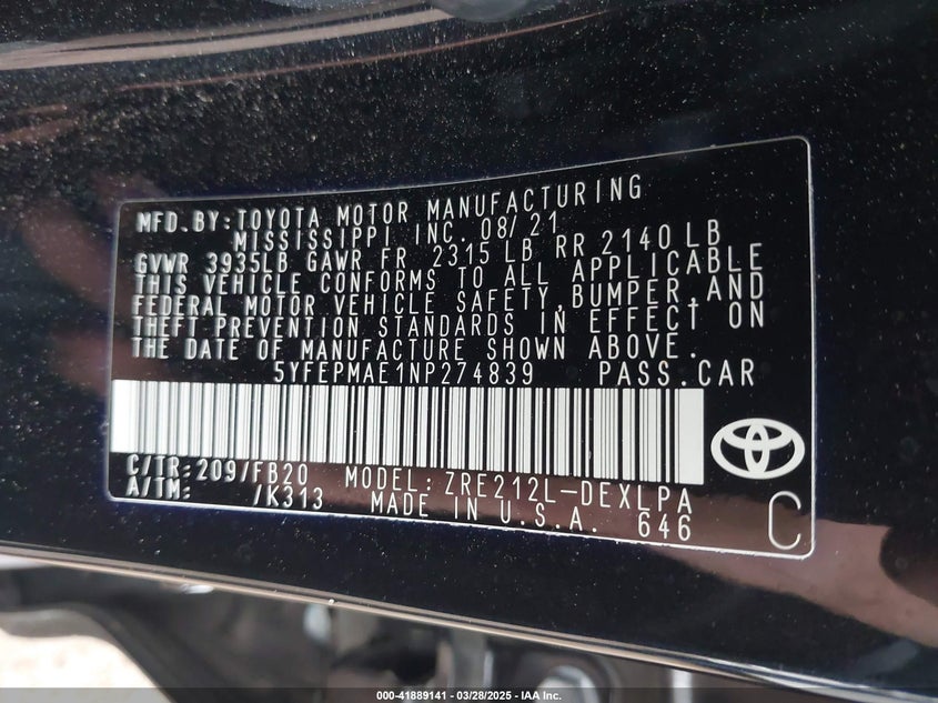 2022 TOYOTA COROLLA LE - 5YFEPMAE1NP274839