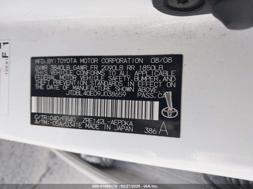 2009 TOYOTA COROLLA VIN: JTDBL40E09J038659