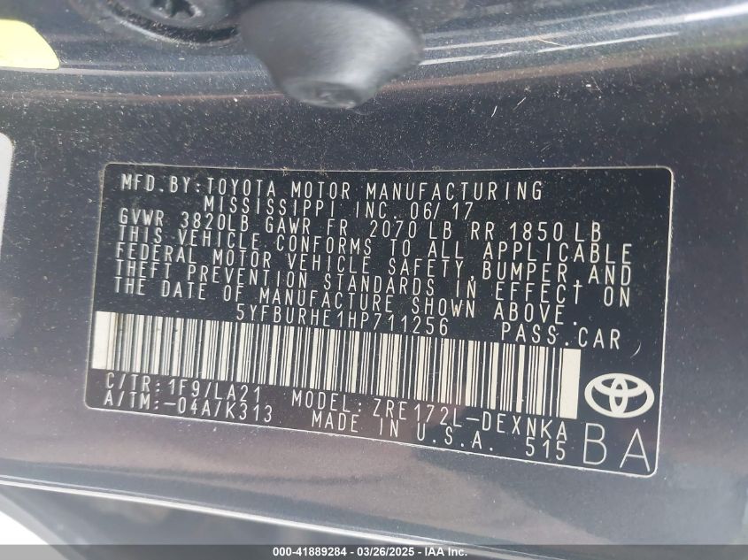 2017 Toyota Corolla Xle VIN: 5YFBURHE1HP711256 Lot: 41889284