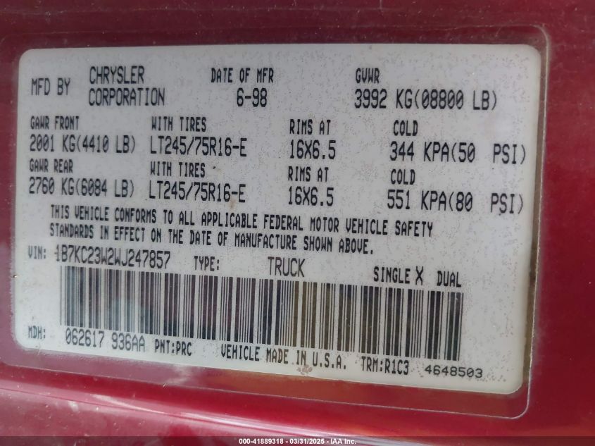 1998 Dodge Ram 2500 St VIN: 1B7KC23W2WJ247857 Lot: 41889318