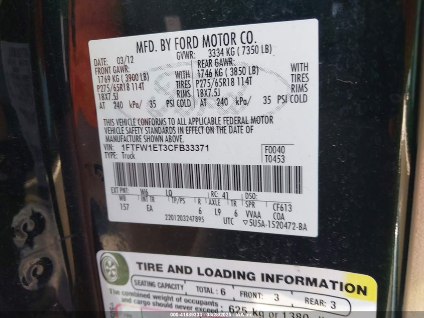 2012 FORD F-150 VIN: 1FTFW1ET3CFB33371