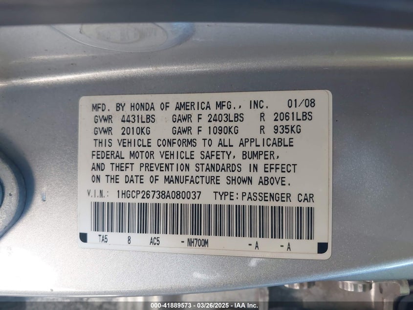 2008 HONDA ACCORD VIN: 1HGCP26738A080037