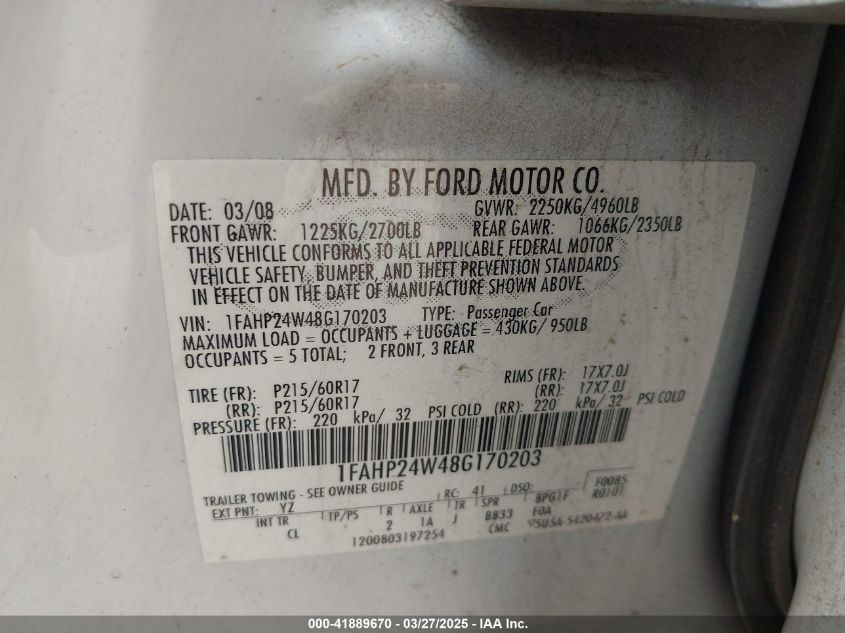 2008 Ford Taurus Sel VIN: 1FAHP24W48G170203 Lot: 41889670