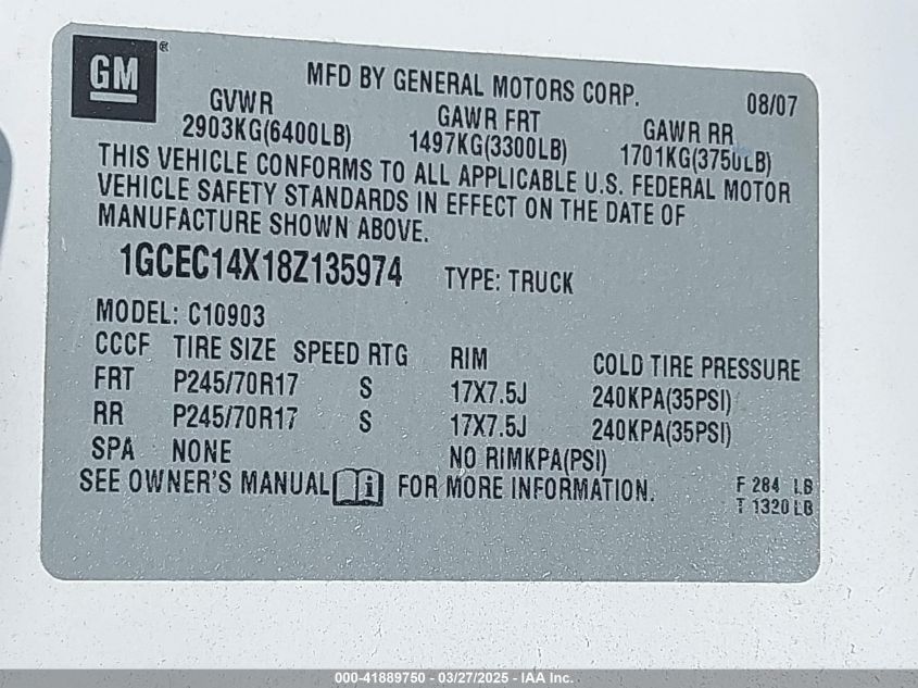 2008 Chevrolet Silverado 1500 Work Truck VIN: 1GCEC14X18Z135974 Lot: 41889750