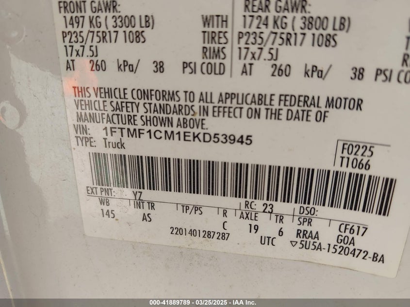 2014 FORD F-150 VIN: 1FTMF1CM1EKD53945