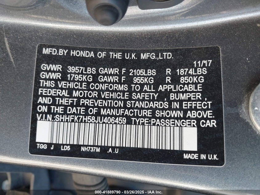 2018 HONDA CIVIC VIN: SHHFK7H58JU406459