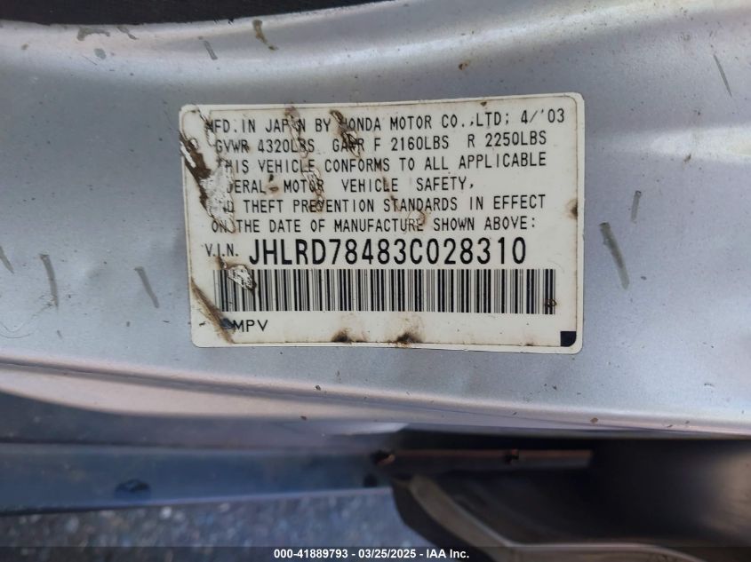 2003 Honda Cr-V Lx VIN: JHLRD78483C028310 Lot: 41889793