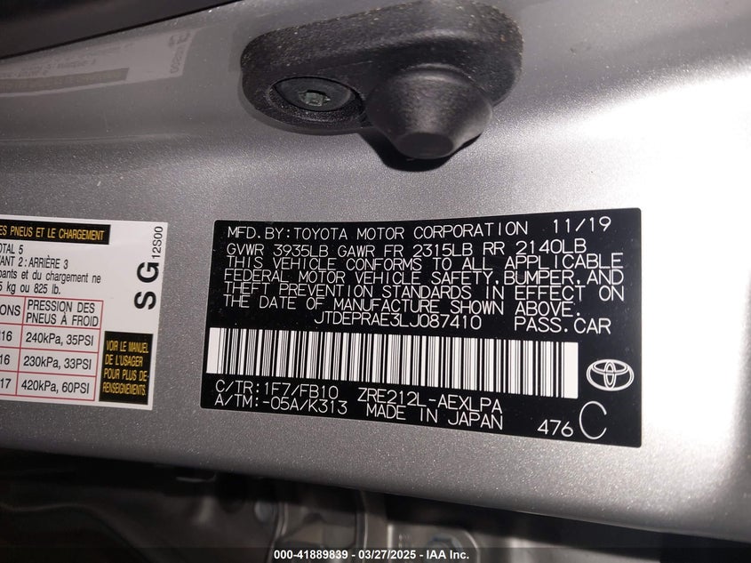 2020 TOYOTA COROLLA LE - JTDEPRAE3LJ087410