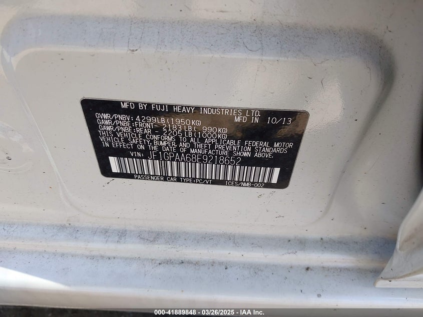 2014 SUBARU IMPREZA VIN: JF1GPAA68E9218652