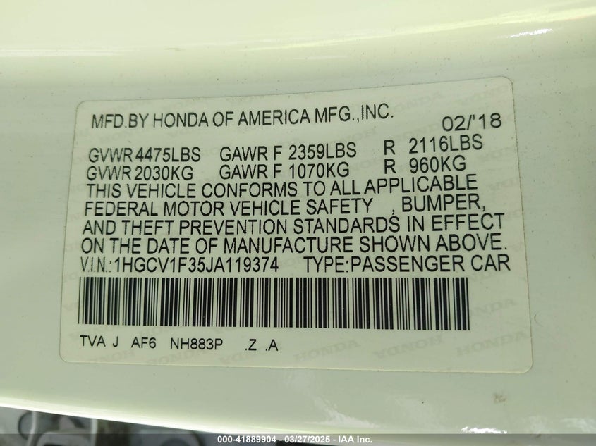 2018 HONDA ACCORD VIN: 1HGCV1F35JA119374