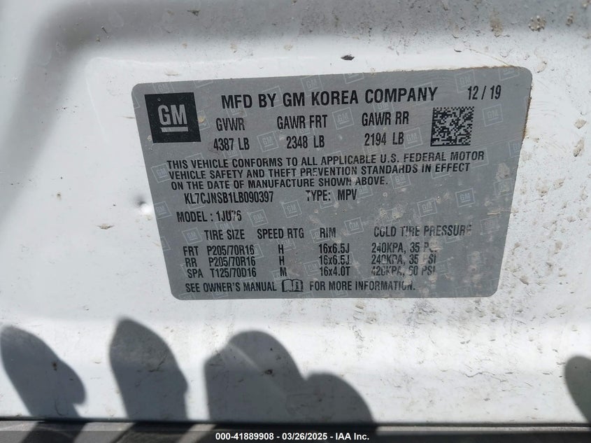 2020 CHEVROLET TRAX AWD LS - KL7CJNSB1LB090397