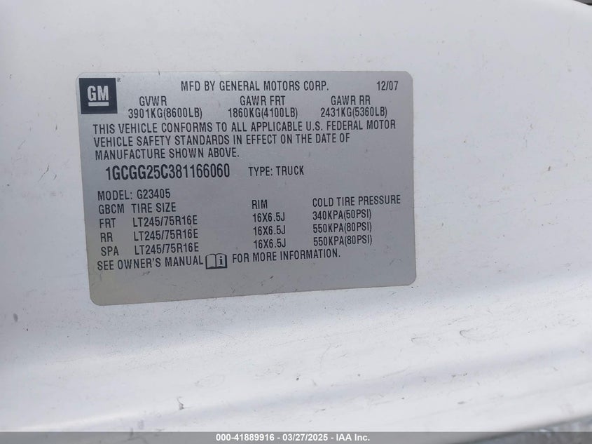 2008 CHEVROLET EXPRESS VIN: 1GCGG25C381166060