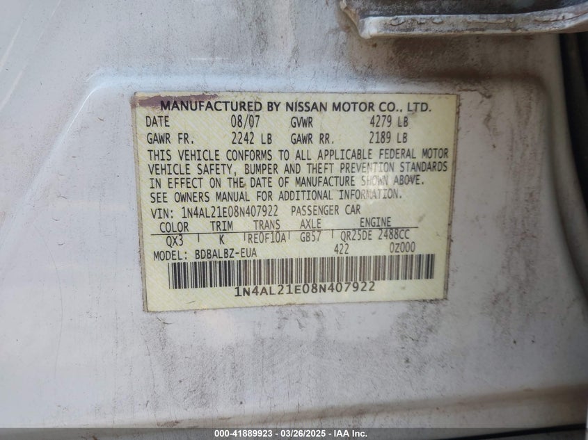 2008 NISSAN ALTIMA VIN: 1N4AL21E08N407922