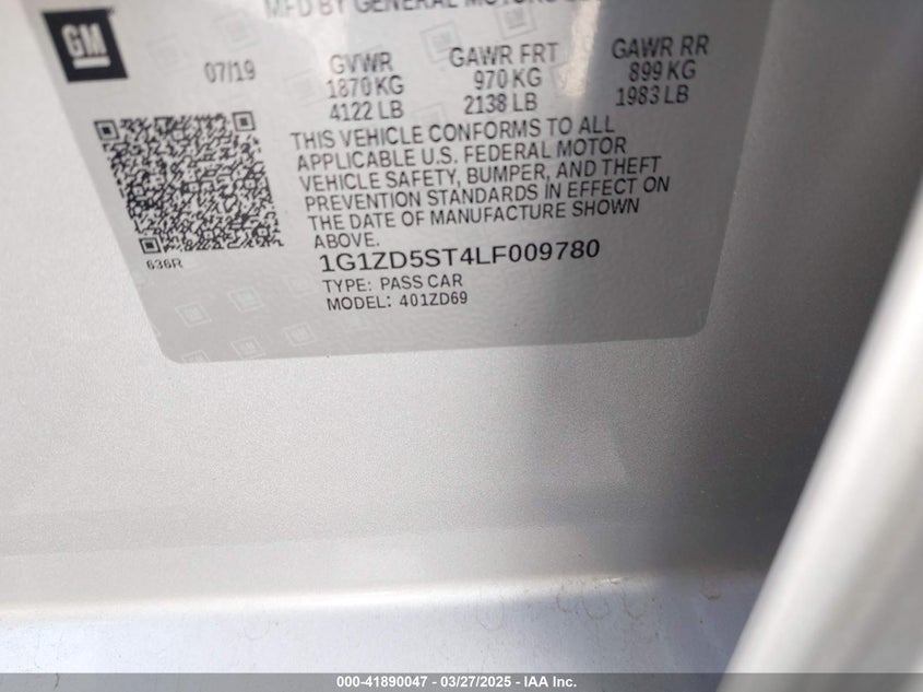 2020 CHEVROLET MALIBU VIN: 1G1ZD5ST4LF009780
