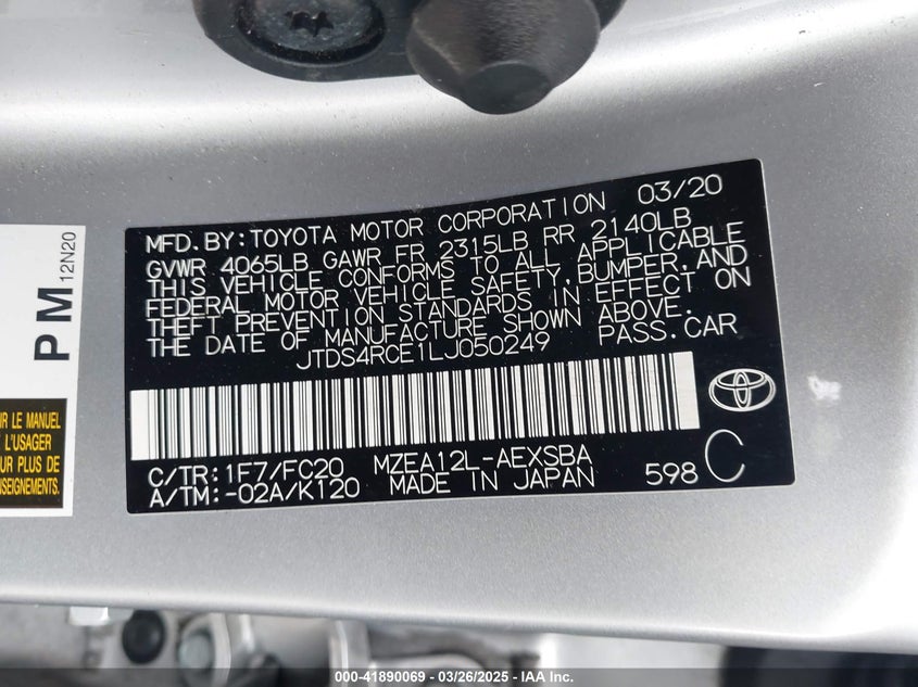 2020 TOYOTA COROLLA VIN: JTDS4RCE1LJ050249