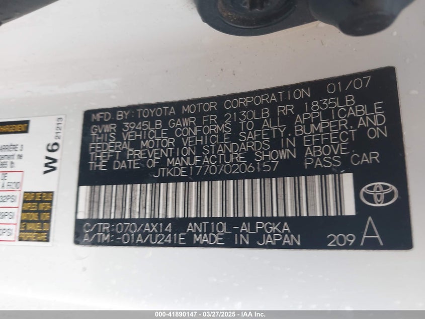 2007 SCION TC VIN: JTKDE177070206157