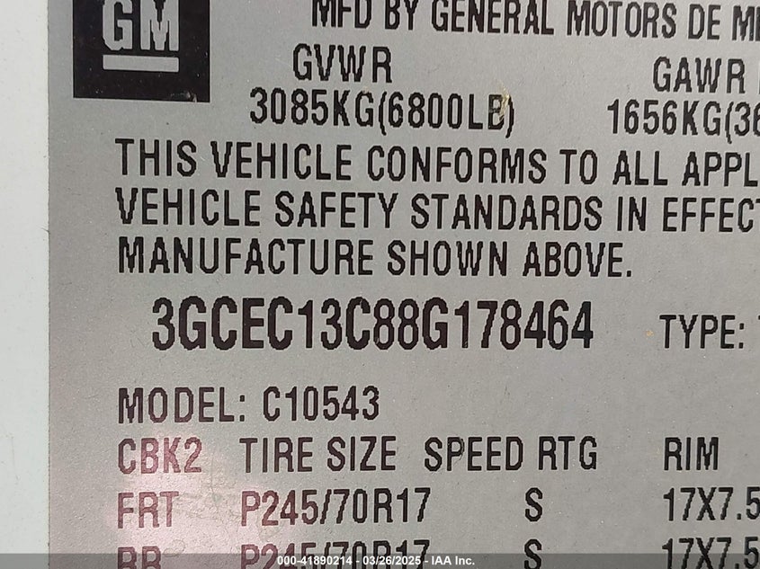 2008 CHEVROLET SILVERADO 1500 VIN: 3GCEC13C88G178464