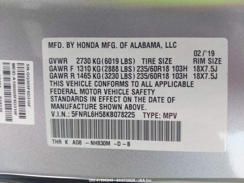 2019 HONDA ODYSSEY VIN: 5FNRL6H58KB078225