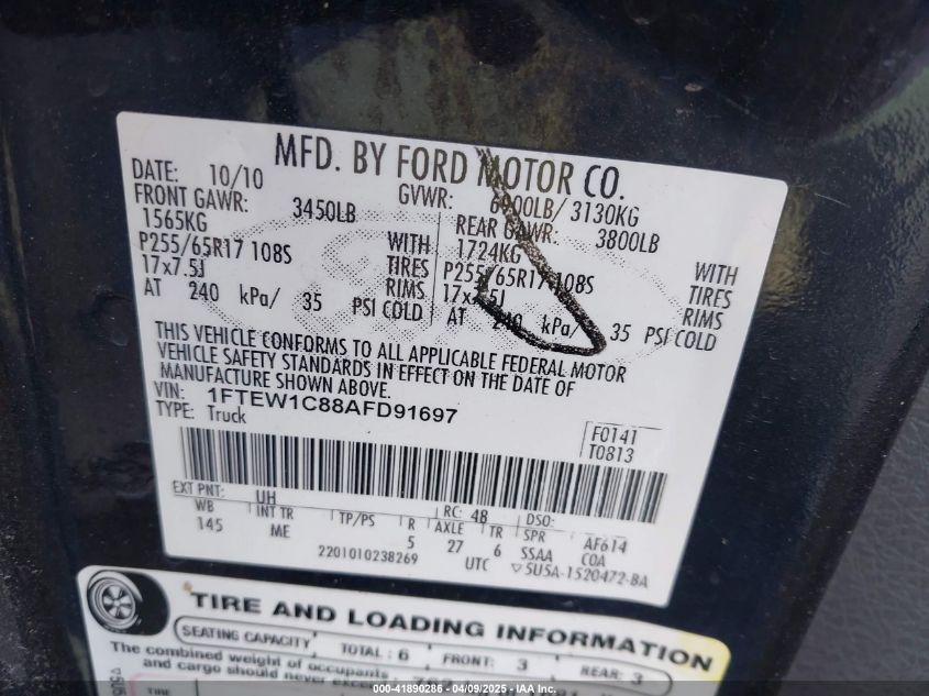 2010 Ford F-150 Fx2 Sport/Xl/Xlt VIN: 1FTEW1C88AFD91697 Lot: 41890286
