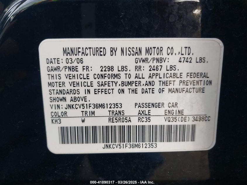 2006 Infiniti G35X VIN: JNKCV51F36M612353 Lot: 41890317