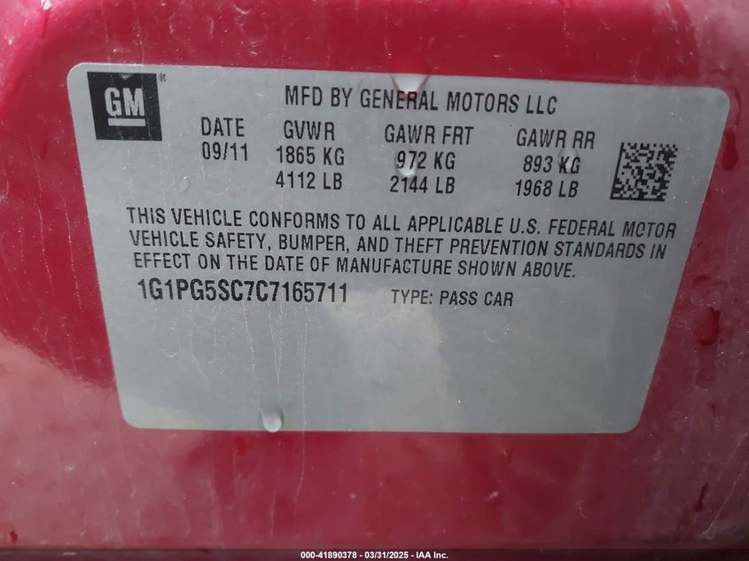 2012 CHEVROLET CRUZE VIN: 1G1PG5SC7C7165711