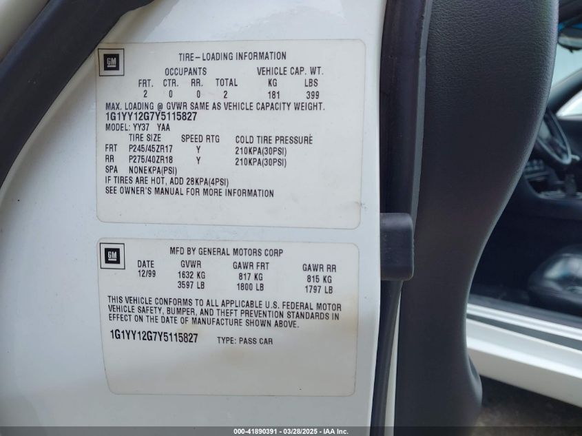 2000 Chevrolet Corvette Hardtop VIN: 1G1YY12G7Y5115827 Lot: 41890391