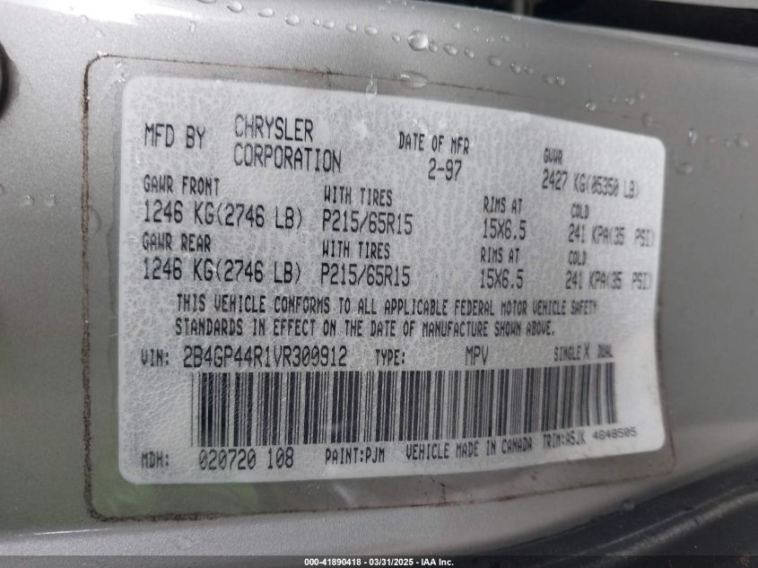 1997 Dodge Grand Caravan Se VIN: 2B4GP44R1VR300912 Lot: 41890418