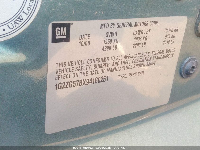 2009 Pontiac G6 VIN: 1G2ZG57BX94180251 Lot: 41890463