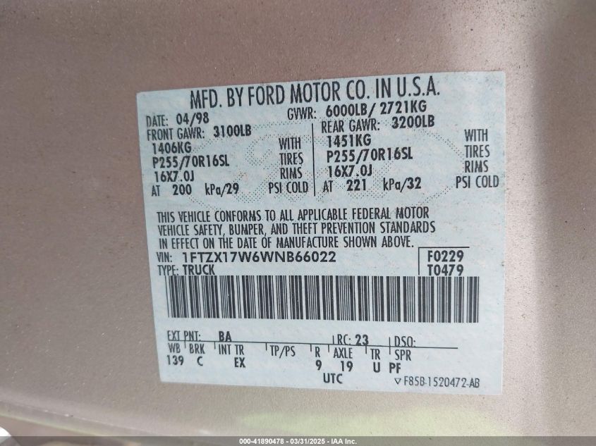 1998 Ford F-150 Lariat/Standard/Xl/Xlt VIN: 1FTZX17W6WNB66022 Lot: 41890478