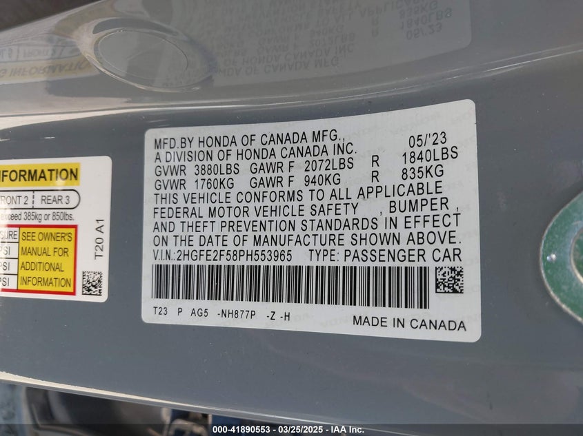 2023 HONDA CIVIC VIN: 2HGFE2F58PH553965
