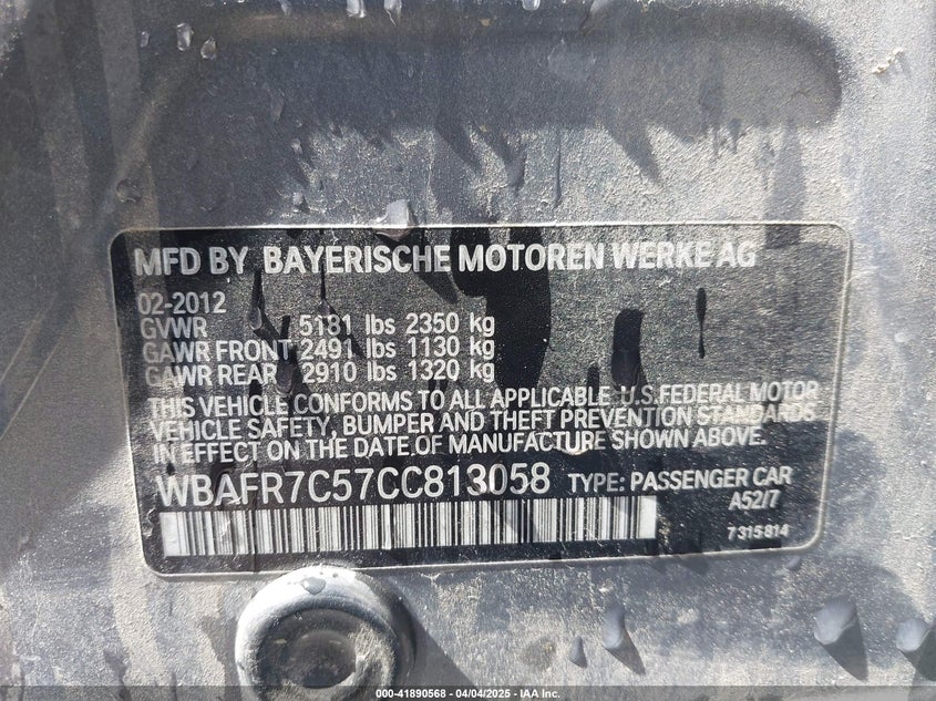 2012 BMW 535I VIN: WBAFR7C57CC813058